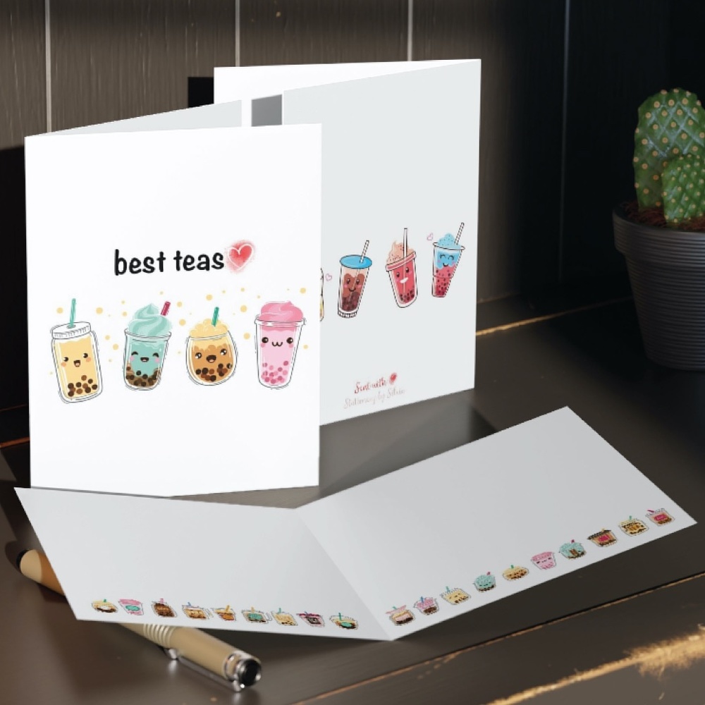 x2 Best Teas Boba Tea Greeting Cards Fashion Girl Cards w/ Envelopes Stationery